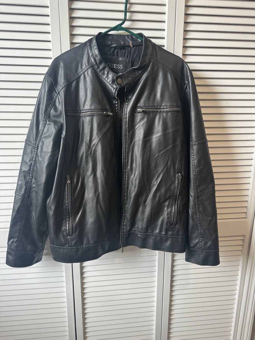 GUESS Black Men’s Leather Bomber Jacket with Zip Pockets